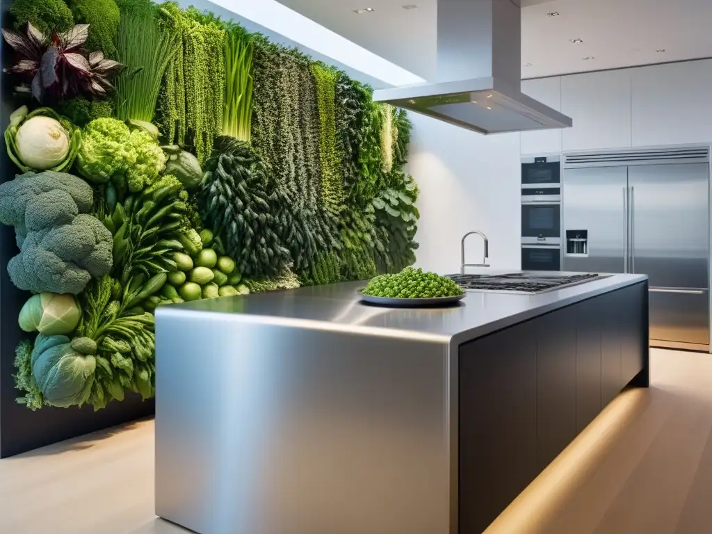 Una cocina de alta tecnología sostenible para cocina vegana, con electrodomésticos modernos y una pared verde vibrante