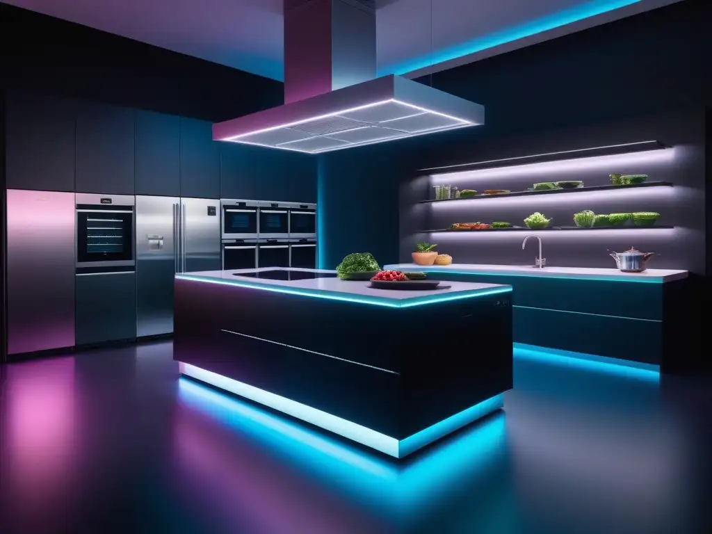 Una cocina de alta tecnología para la alimentación vegana, con electrodomésticos avanzados y diseño minimalista, iluminada con luces LED