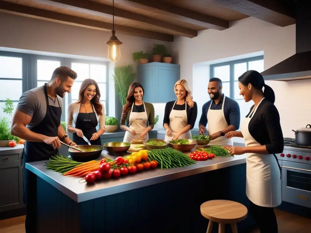 Una cocina antigua bulliciosa llena de gente diversa cocinando juntos, rodeados de vegetales, hierbas y especias coloridas