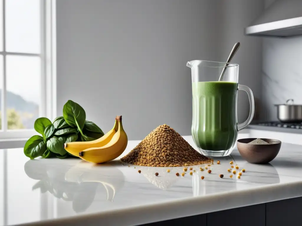 Una cocina de mármol blanco impecable, con ingredientes veganos para hornear y un smoothie verde