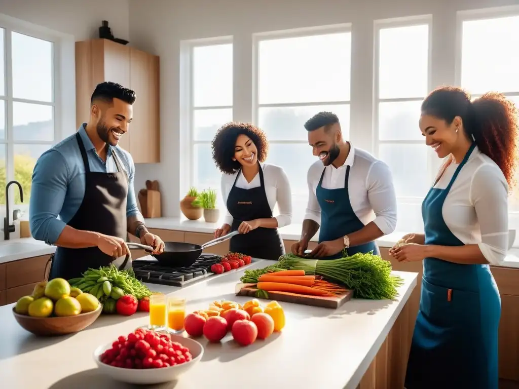 Una cocina colorida y moderna donde un grupo diverso cocina juntos, creando una atmósfera cálida y acogedora