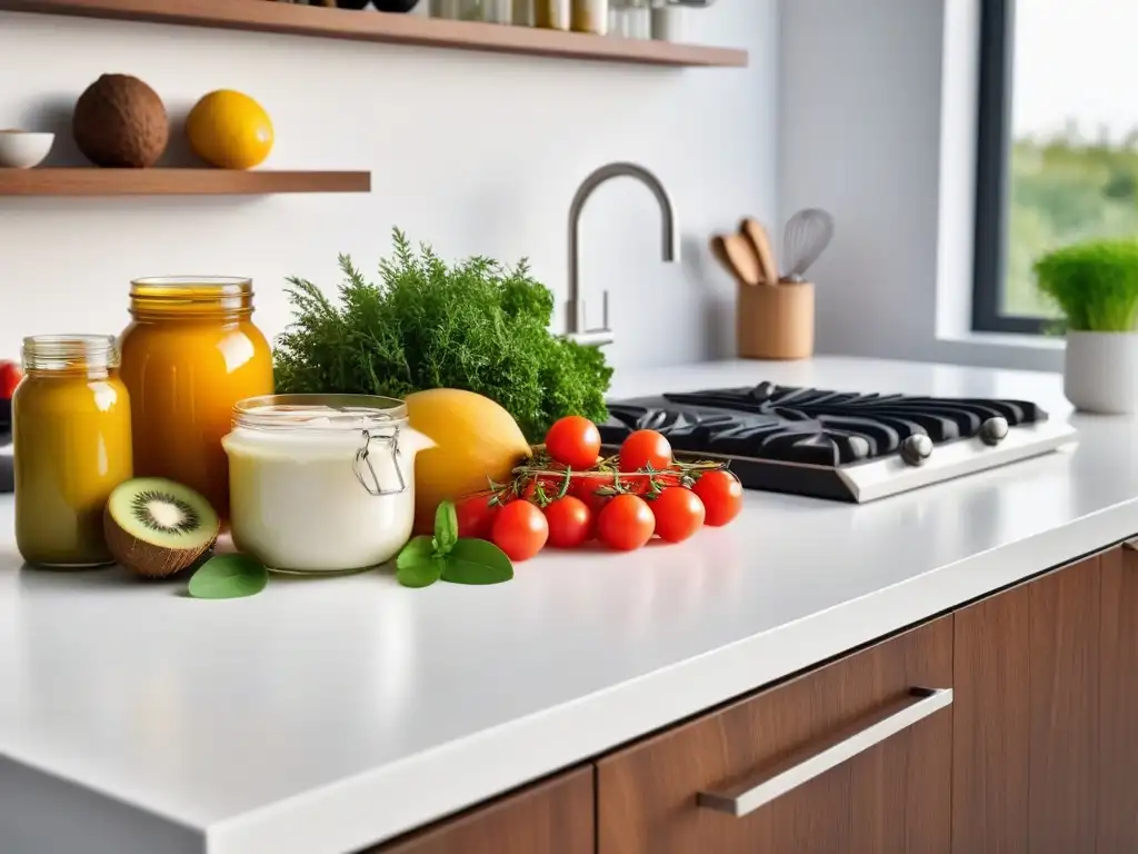 Una cocina contemporánea llena de ingredientes veganos, destacando un frasco de aceite de coco rodeado de alimentos frescos