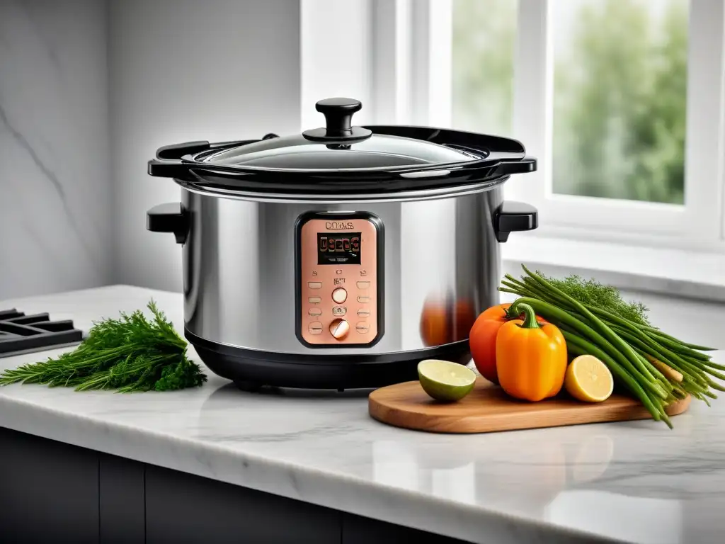 Una cocina elegante con un moderno y sofisticado slow cooker negro y detalles en oro rosa, junto a ingredientes frescos