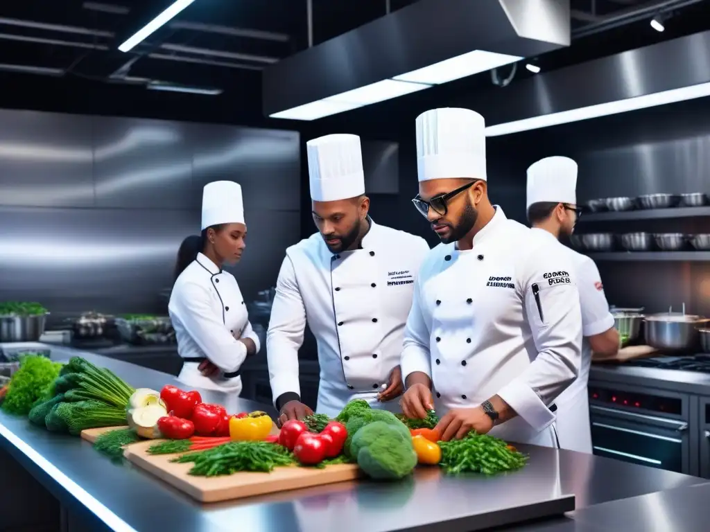 Cocina futurista con chefs veganos usando tecnología avanzada