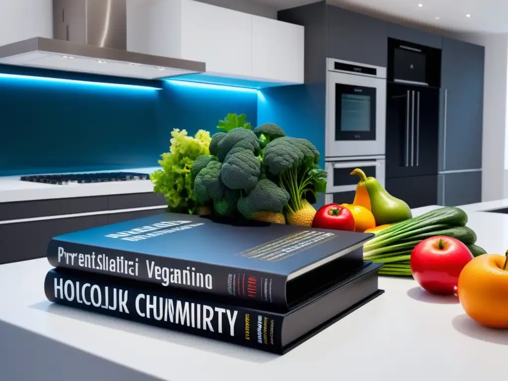 Una cocina futurista con ciencia, cocina vegana, libros explican, y alimentos orgánicos en una encimera de cuarzo