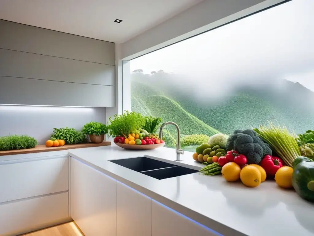 Cocina futurista con electrodomésticos eficientes rodeada de plantas verdes, luz natural y una encimera de materiales reciclados