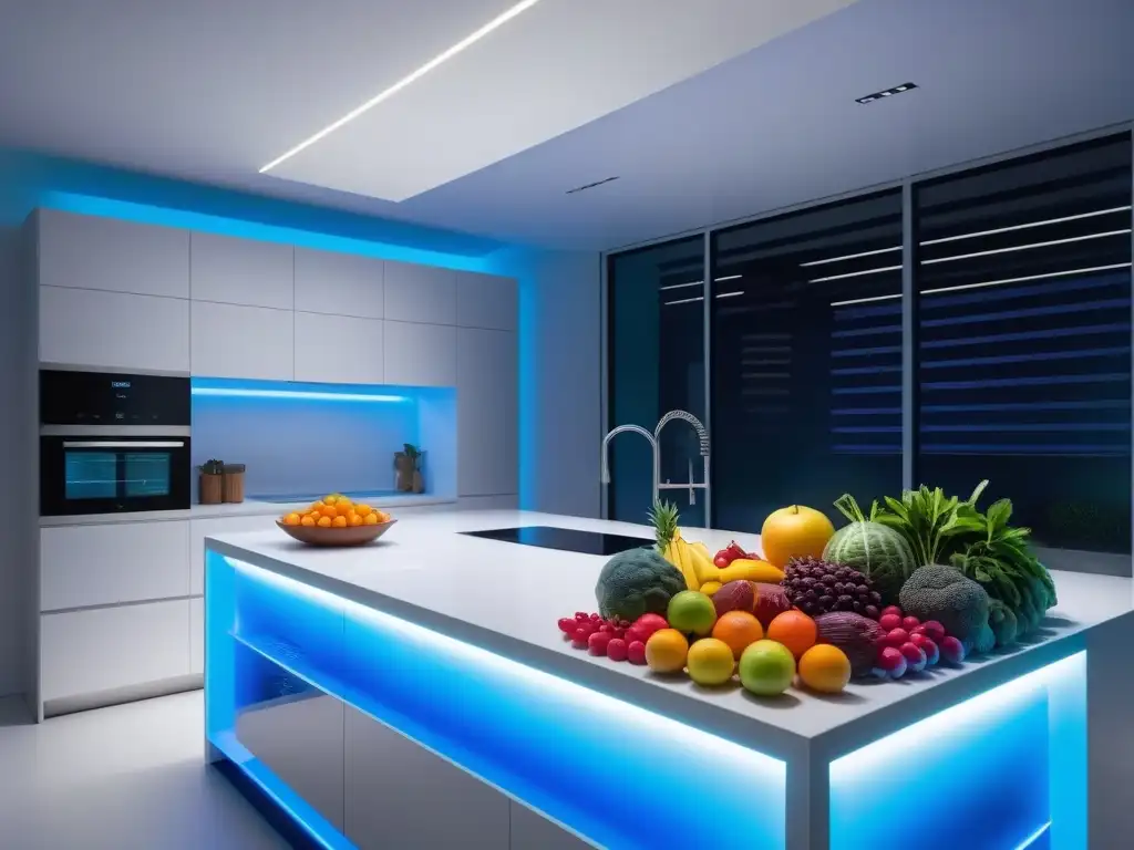 Cocina futurista con electrodomésticos innovadores, frutas y verduras coloridas y recetas veganas exclusivas en plataformas digitales