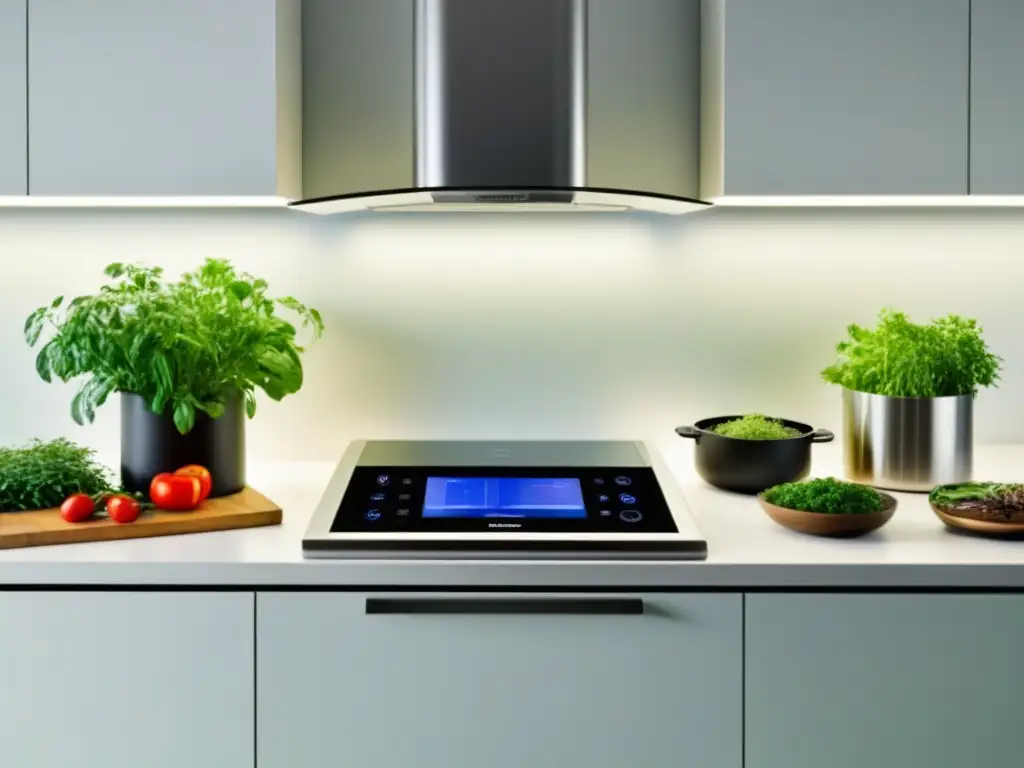 Cocina futurista equipada con gadgets tecnológicos para cocinar vegano