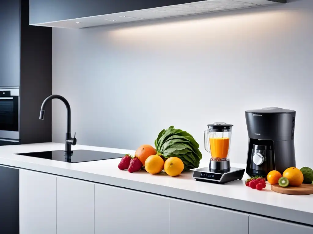 Una cocina futurista con gadgets de alta tecnología rodeados de frutas y verduras frescas