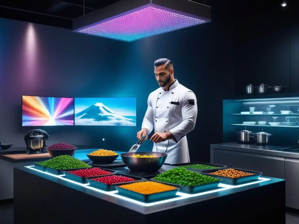 Cocina futurista con hologramas de recetas veganas en apps de realidad aumentada