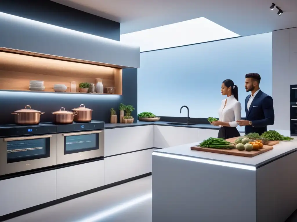 Cocina futurista con AI: horno inteligente, asistente digital y holograma de recetas veganas