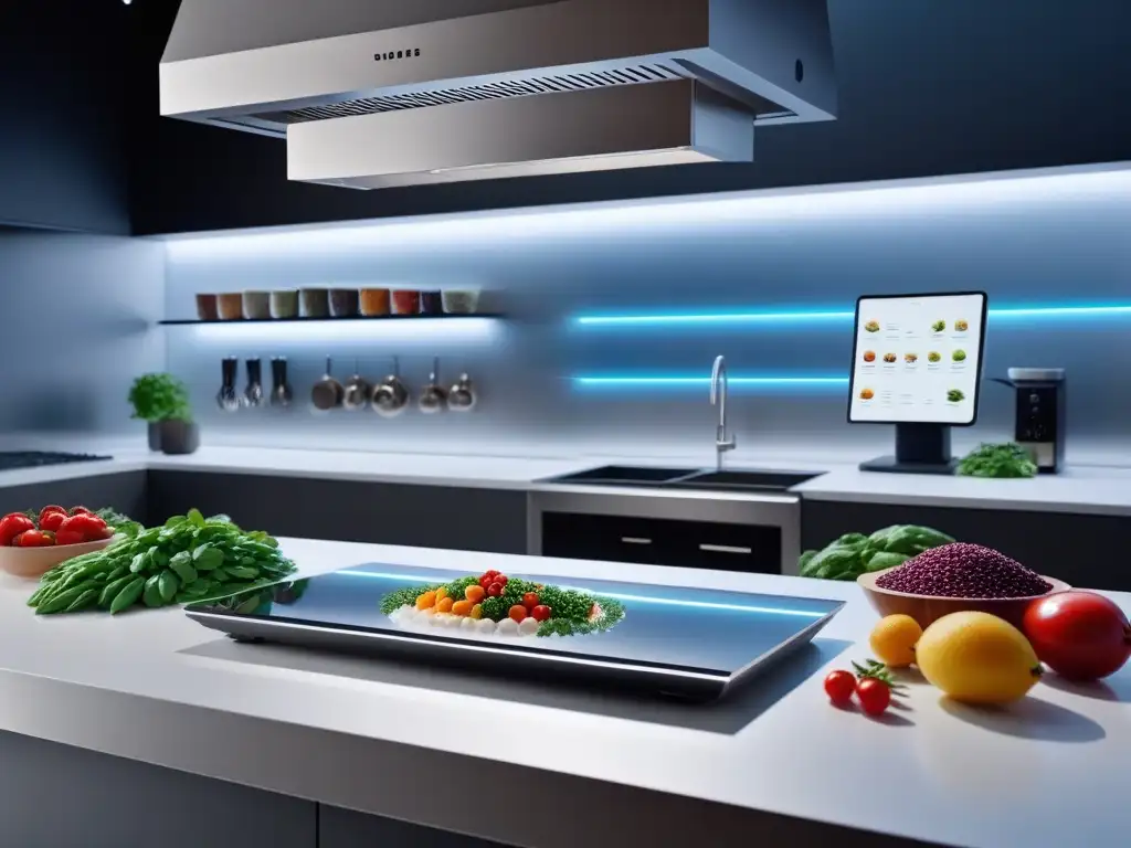 Cocina futurista con IA preparando recetas veganas