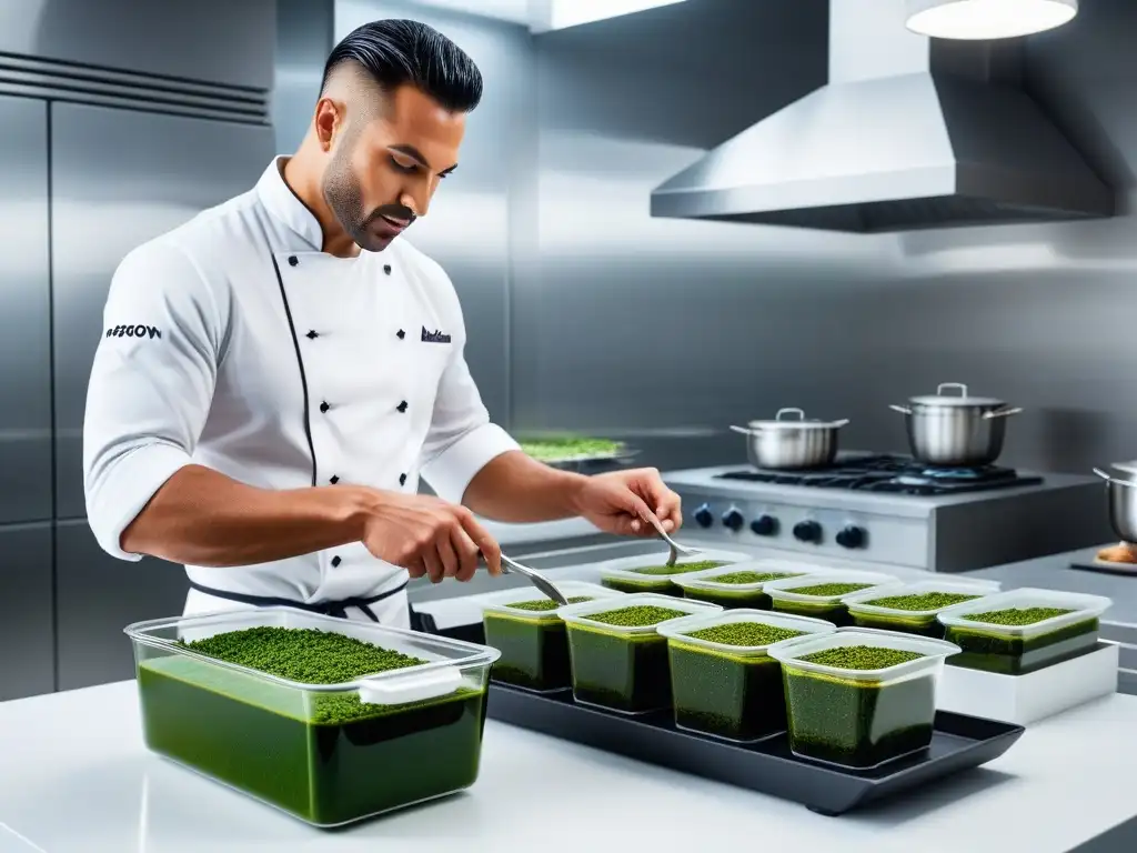 Una cocina futurista llena de algas en modernos recipientes, con un chef preparando platillo vegano