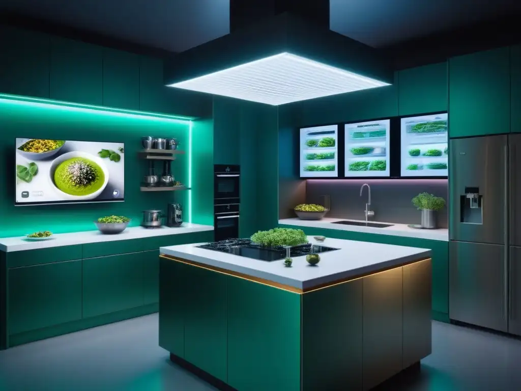 Una cocina futurista llena de tecnología avanzada, inteligencia artificial y recetas veganas