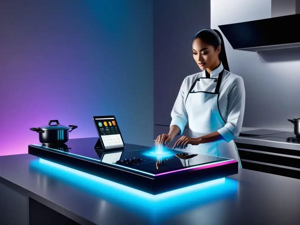 Una cocina futurista con plataformas digitales para cocina vegana, ingredientes y gadgets innovadores