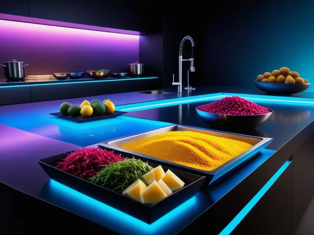 Cocina futurista: Exóticas recetas veganas con tecnología de vanguardia Una cocina futurista con platos veganos exóticos y aplicaciones tecnológicas integradas, creando una escena vibrante y cautivadora
