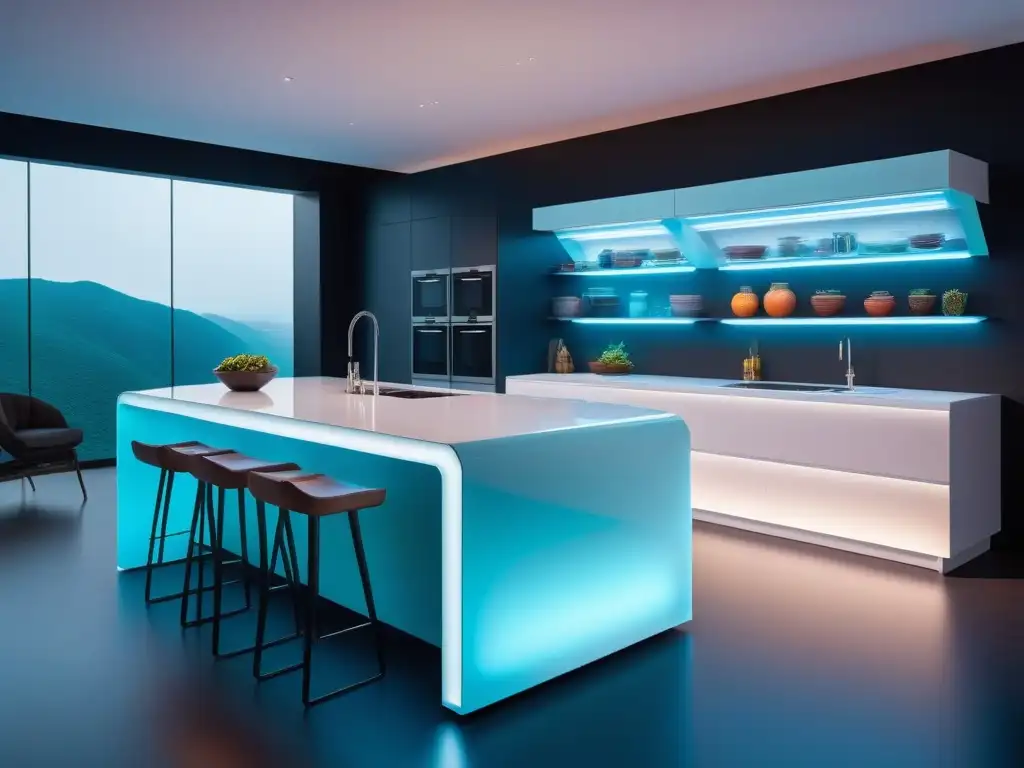 Cocina futurista con IA en recetas veganas, iluminación LED y pantalla holográfica