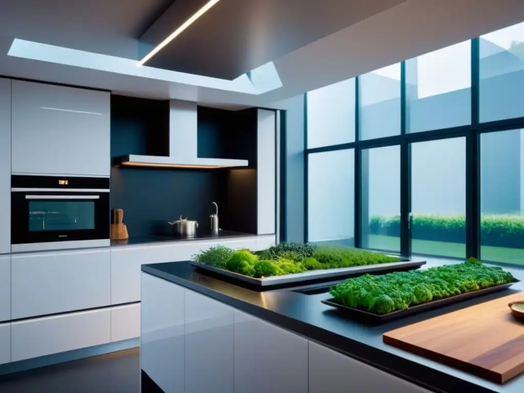 Una cocina futurista con tecnología sostenible para cocina vegana