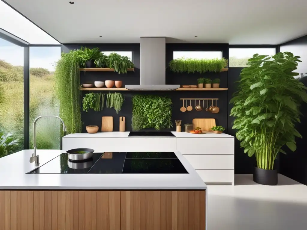 Una cocina futurista con tecnología sostenible en cocina vegana: horno solar, compostaje inteligente y jardín vertical lleno de hierbas y verduras