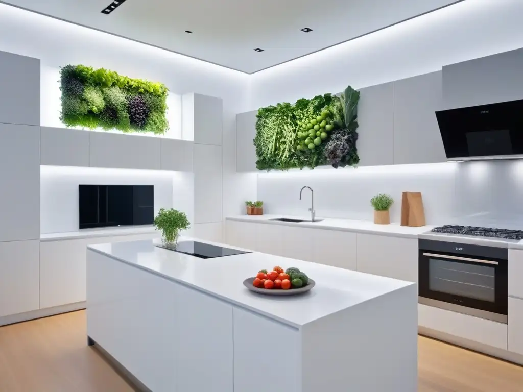 Cocina futurista sostenible con tecnología avanzada Cocina futurista con tecnología sostenible y diseño vegano integrado