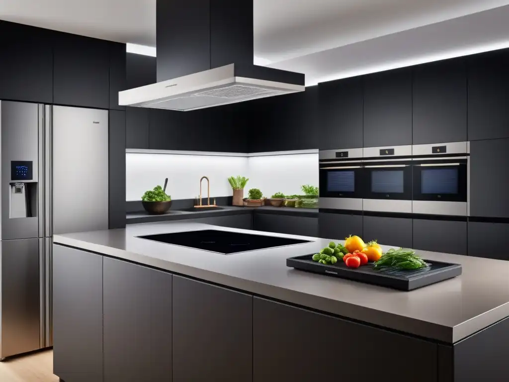 Cocina futurista sostenible y minimalista con electrodomésticos veganos Cocina futurista con tecnología sostenible y diseño minimalista, electrodomésticos veganos integrados