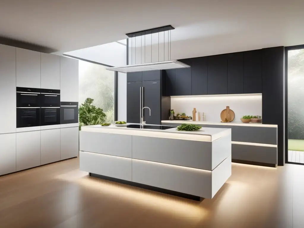 Una cocina futurista con tecnología sostenible integrada en un diseño minimalista, creando un ambiente cálido e innovador