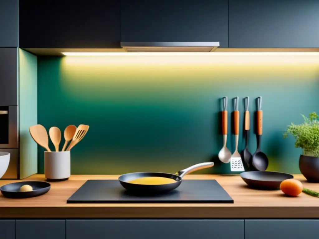 Una cocina futurista con utensilios de cocina veganos sostenibles en 3D, mostrando innovación y sostenibilidad