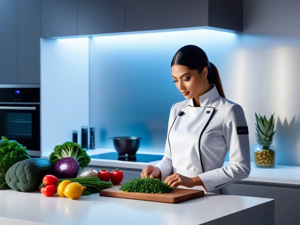 Una cocina futurista vibrante con tecnología en alimentación vegana innovadora y diseño elegante, destacando frescura y salud en ambiente tecnológico