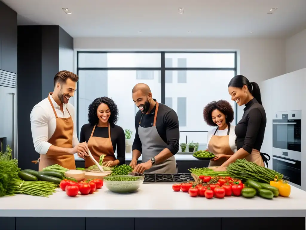 Una cocina luminosa y espaciosa donde personas diversas cocinan con alegría, experimentando la alimentación consciente cocina vegana