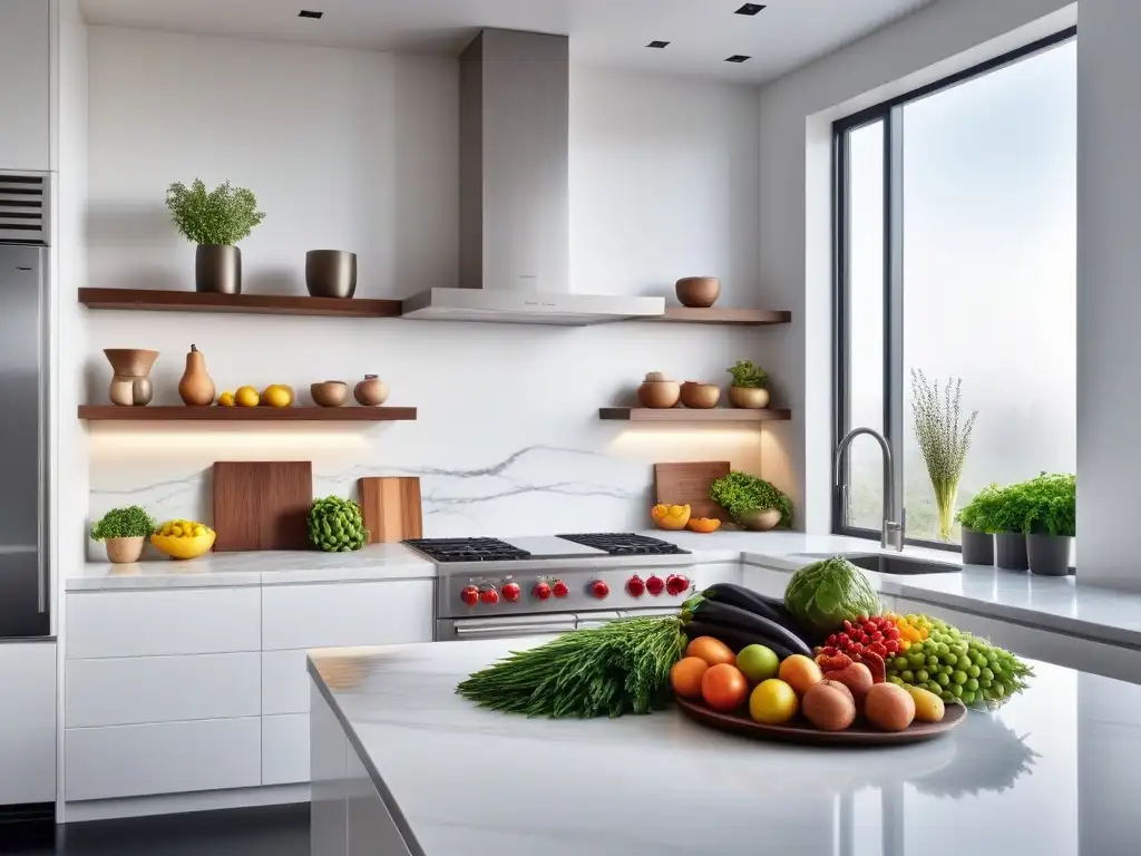 Una cocina minimalista con alimentos frescos y coloridos, reflejando la fusión de la alimentación vegana minimalista