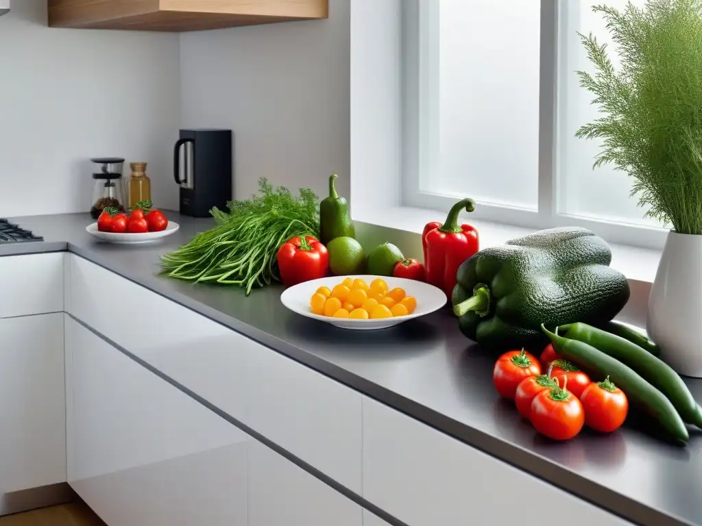 Una cocina minimalista con arte culinario vegano: vibrantes vegetales y frutas frescas dispuestos con elegancia