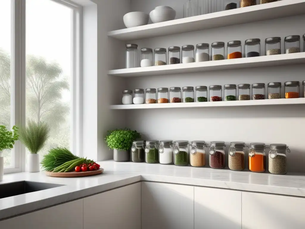 Una cocina minimalista con detalles en mármol blanco, plantas verdes y despensa organizada