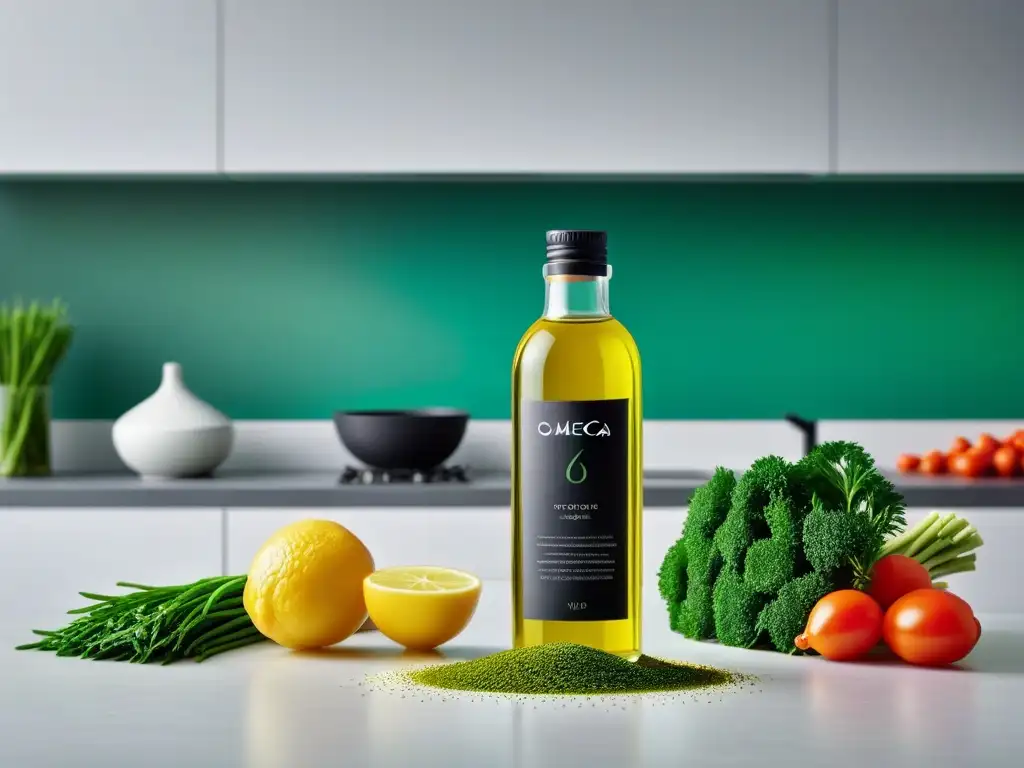 Una cocina minimalista con un elegante aceite de algas vegano Omega3 destacado junto a utensilios y verduras frescas