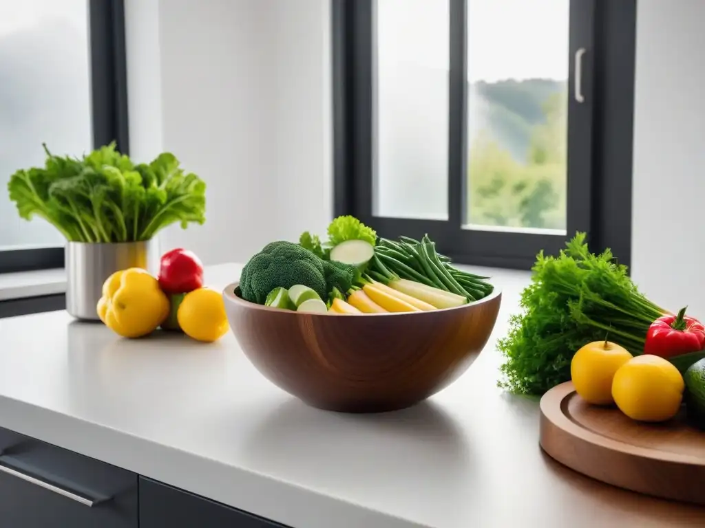 Cocina minimalista: encanto vegano con frutas frescas en un tazón de madera y luz natural