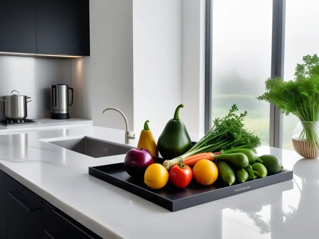 Una cocina minimalista con estanterías de color negro mate, electrodomésticos de acero inoxidable y una encimera de mármol blanco impecable