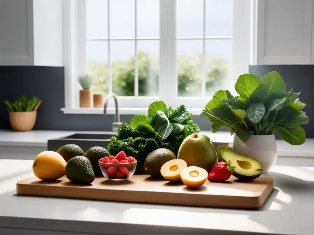 Una cocina minimalista con frutas y verduras frescas en la encimera