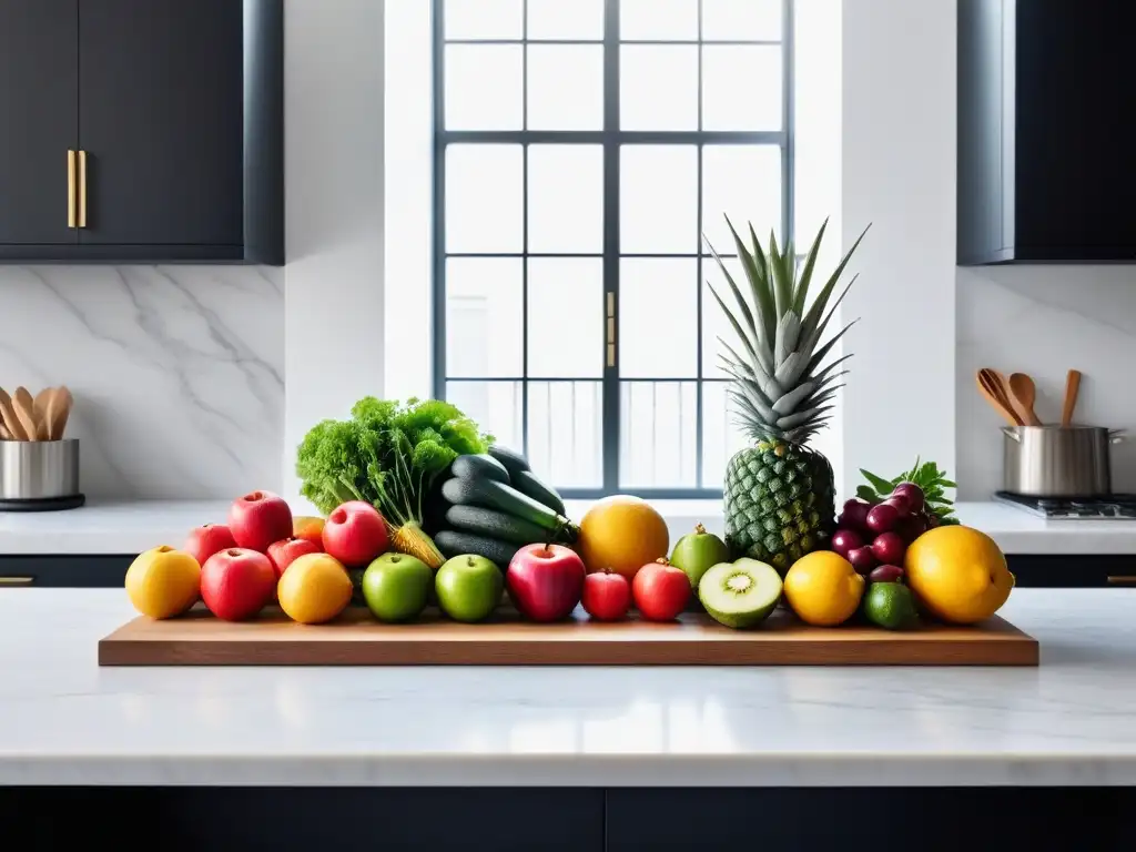 Cocina minimalista con frutas y verduras frescas, luz cálida y libros de recetas elegantes