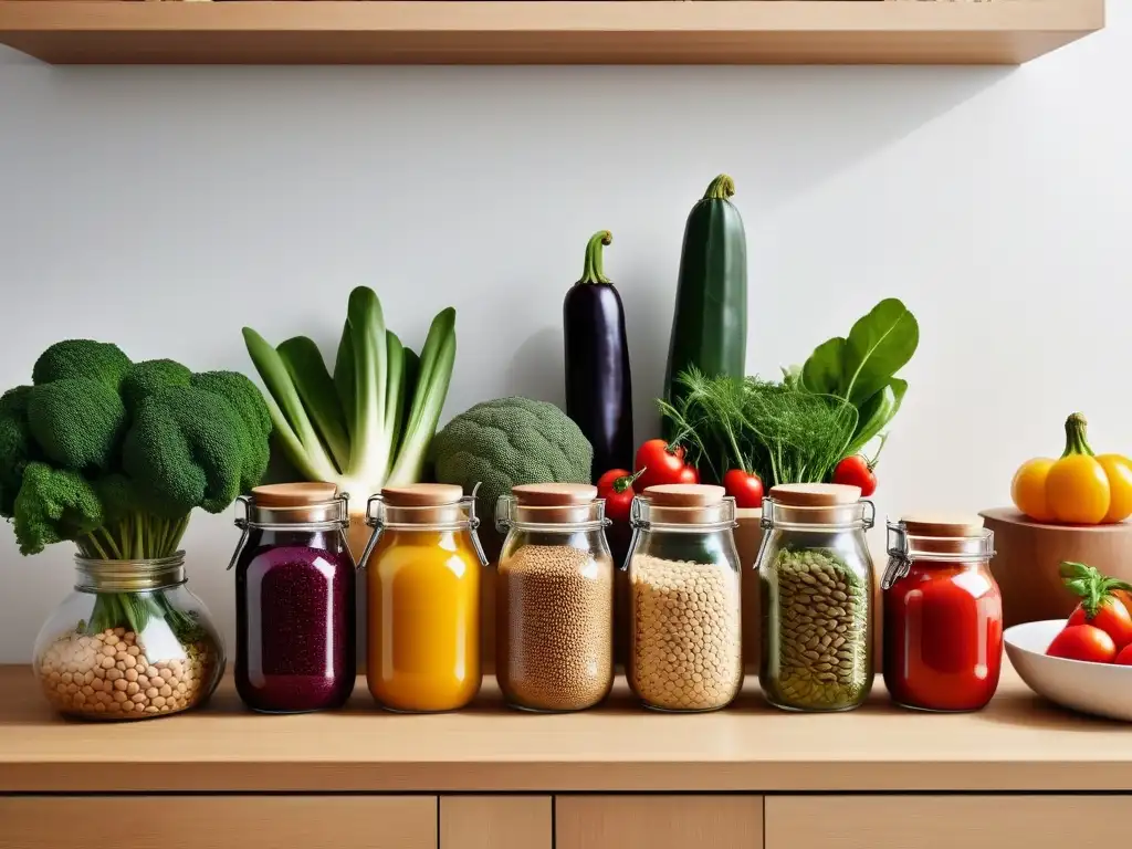 Una cocina minimalista con ingredientes veganos esenciales meticulosamente organizados en frascos y contenedores de madera, bañados en luz natural