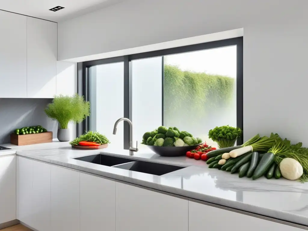 Una cocina minimalista y moderna con electrodomésticos de acero inoxidable, vegetales frescos y hierbas en mármol