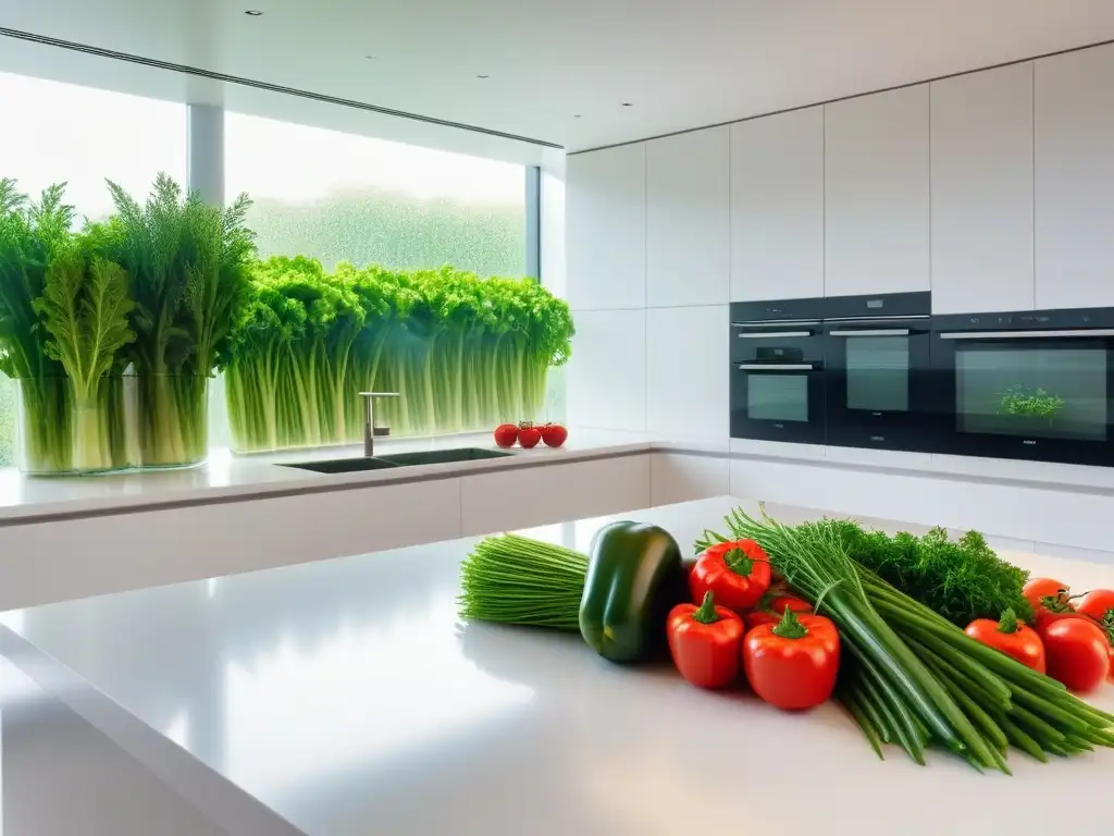 Una cocina minimalista con vegetales frescos, iluminada por el sol