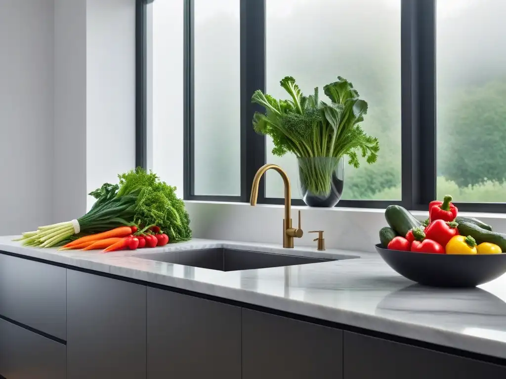 Una cocina minimalista con vegetales frescos y colores vibrantes