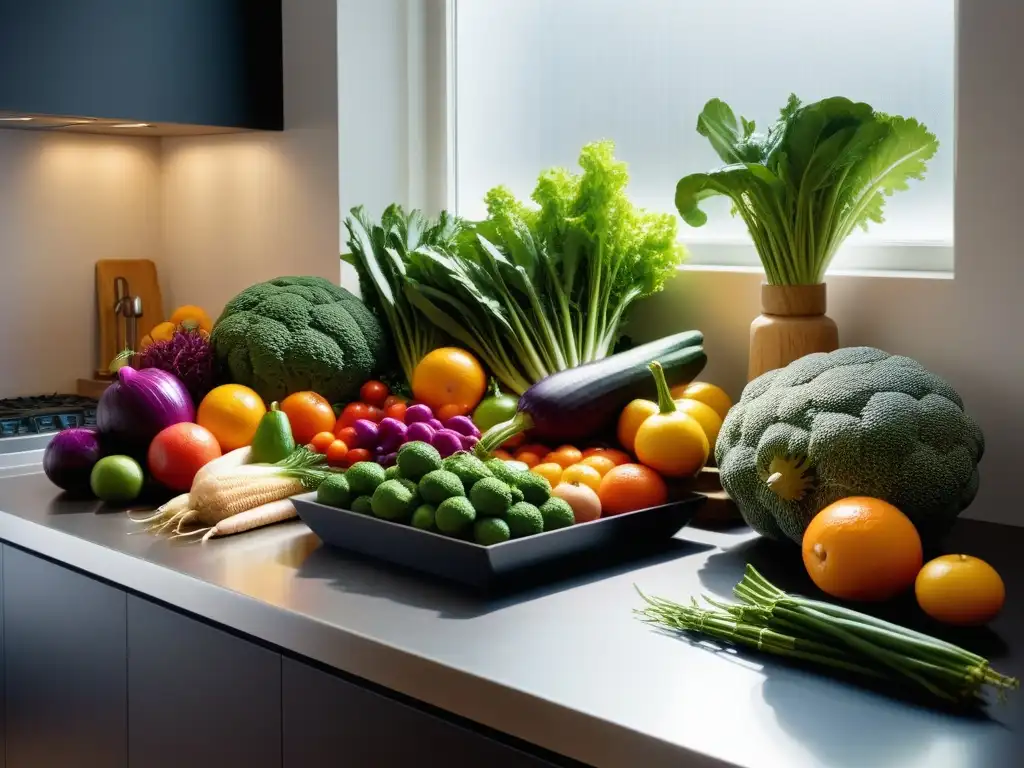 Una cocina minimalista con vegetales y frutas frescas y coloridas