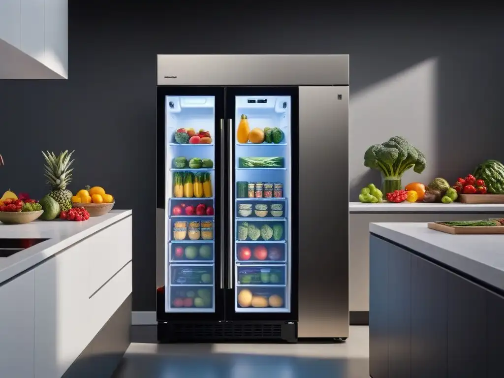 Una cocina moderna con alimentos veganos frescos sostenibles en refrigerador y congelador de acero inoxidable