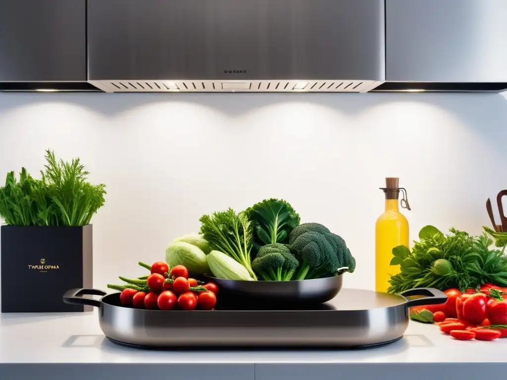 Una cocina moderna con baterías de cocina de titanio veganos, iluminadas por cálida luz ambiental, rodeadas de verduras frescas y hierbas