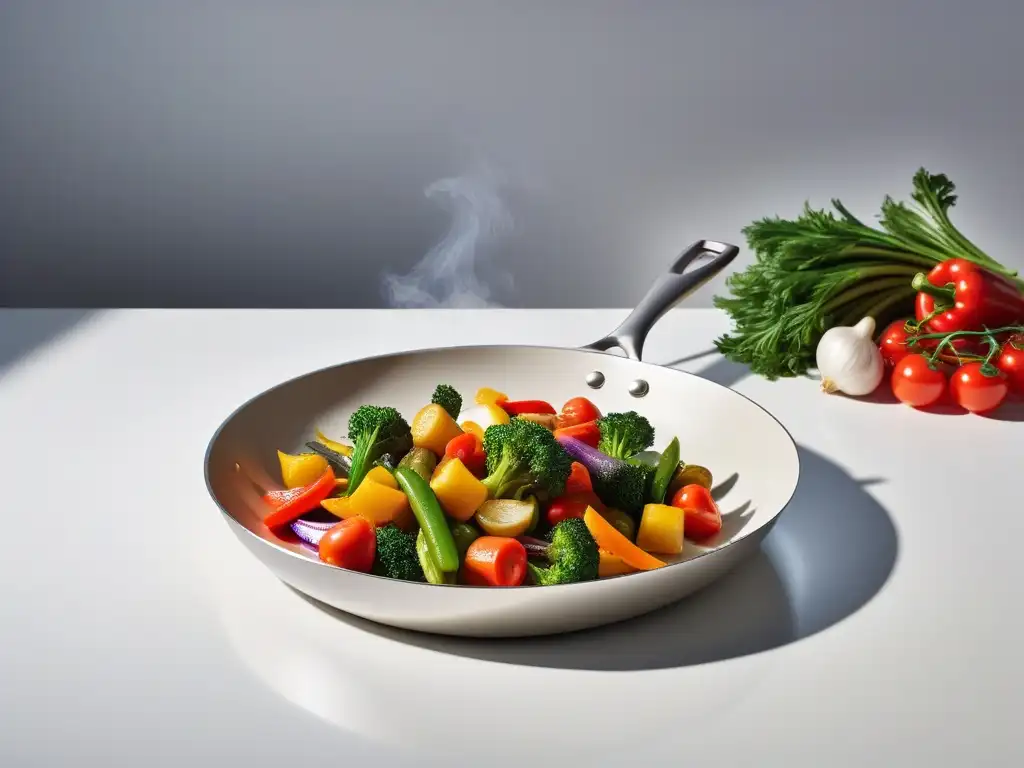 Una cocina moderna con una sartén de cerámica blanca impecable y verduras salteadas