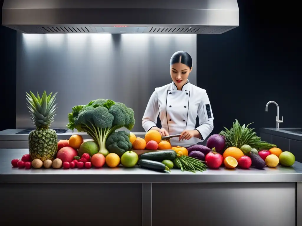 Cocina moderna con cocción baja temperatura frutas verduras, resaltando frescura y colorido