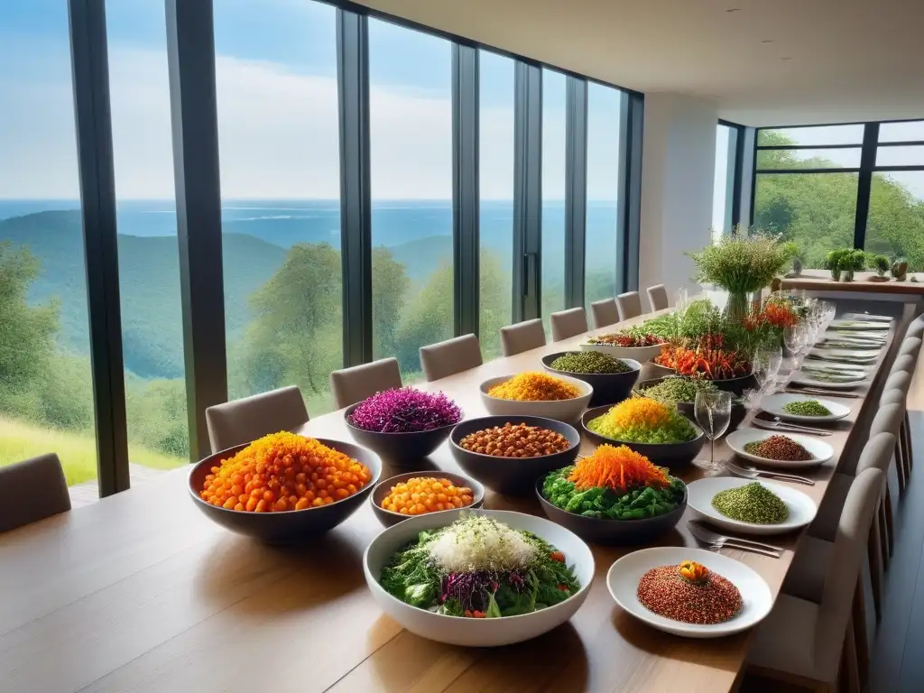 Una cocina moderna con coloridos platos veganos y vegetarianos en una mesa de madera larga