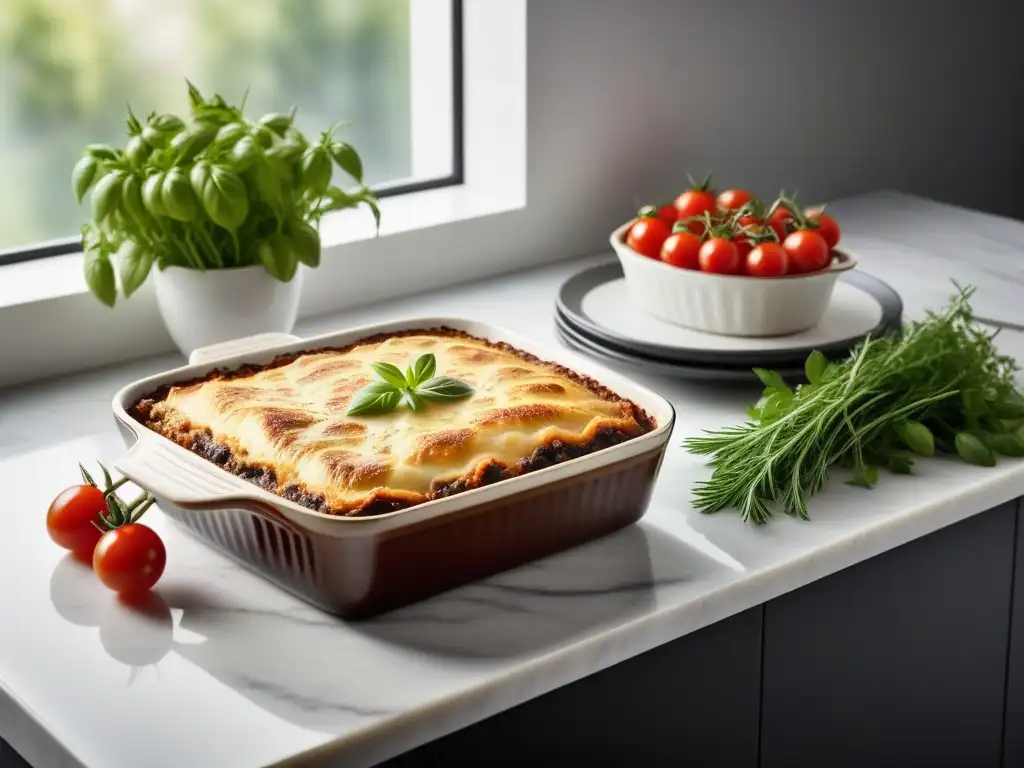 Una cocina moderna con una deliciosa moussaka vegana recién horneada en un elegante plato de cerámica