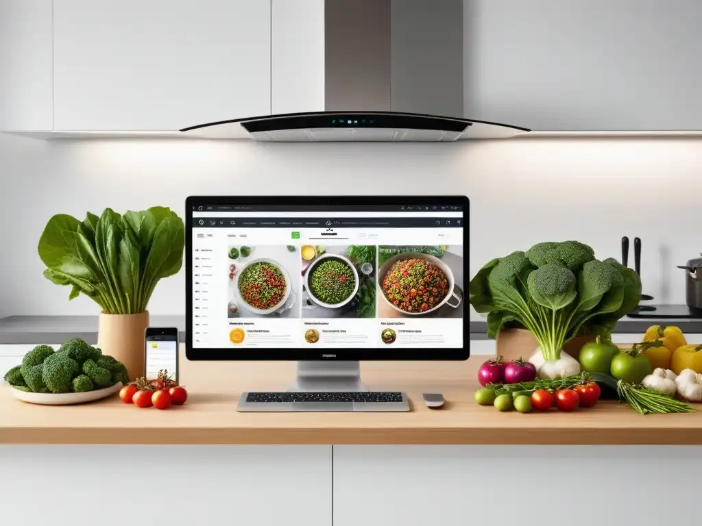 Una cocina moderna con dispositivos digitales y ingredientes veganos, reflejando eficiencia e innovación en plataformas digitales para cocina vegana