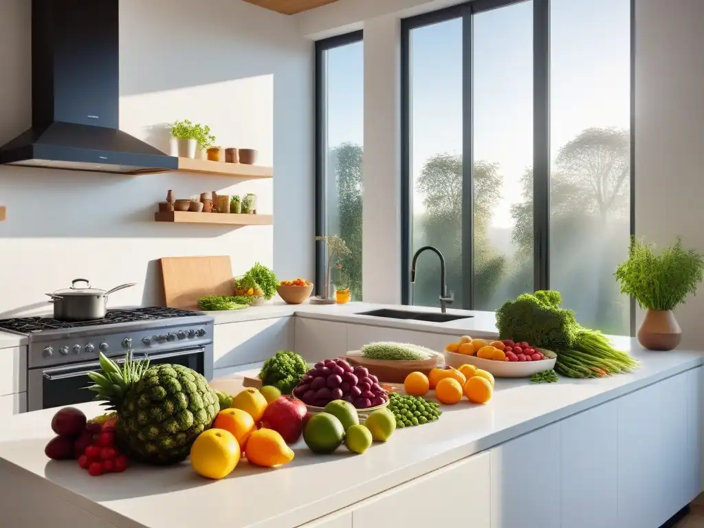 Una cocina moderna y ecofriendly con ingredientes veganos, bañada por la luz solar